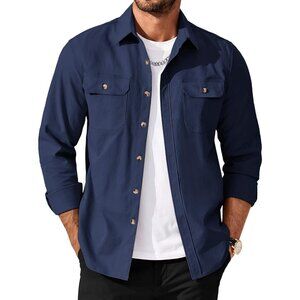 Men’s Casual Shirt Jacket, Long Sleeve Button-Up Shacket with Flap Pockets Blue